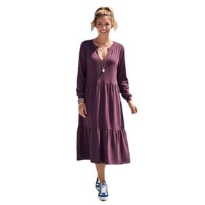 Nation LTD Tavin Tiered Long Sleeve V Neck Slub COTTON Knit Midi Dress Sz L PLUM
